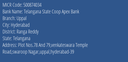 Telangana State Coop Apex Bank Uppal MICR Code