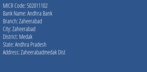 Andhra Bank Zaheerabad MICR Code
