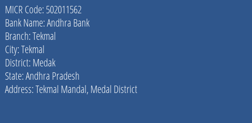 Andhra Bank Tekmal MICR Code