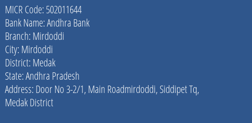 Andhra Bank Mirdoddi MICR Code