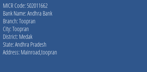 Andhra Bank Toopran MICR Code