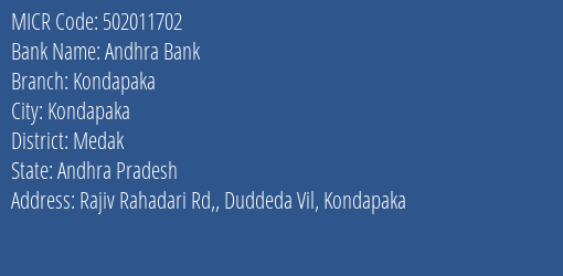 Andhra Bank Kondapaka MICR Code
