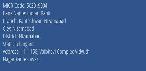 Indian Bank Kanteshwar Nizamabad MICR Code