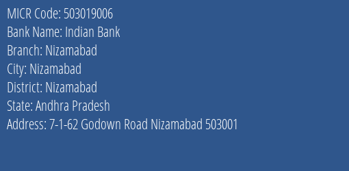 Indian Bank Nizamabad MICR Code