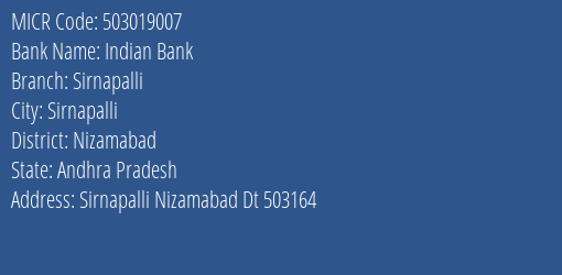 Indian Bank Sirnapalli MICR Code