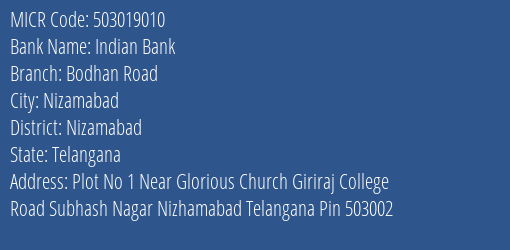 Indian Bank Bodhan Road MICR Code