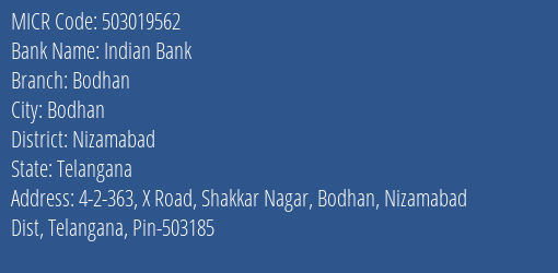 Indian Bank Bodhan MICR Code