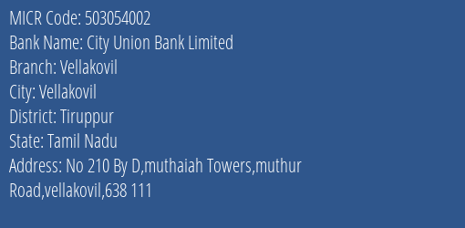 City Union Bank Limited Vellakovil MICR Code