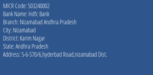 Hdfc Bank Nizamabad Andhra Pradesh MICR Code
