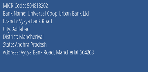 Universal Coop Urban Bank Ltd Vysya Bank Road MICR Code