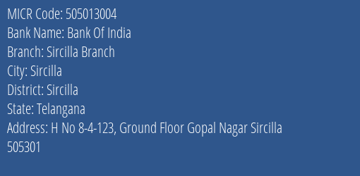 Bank Of India Sircilla Branch MICR Code