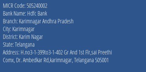 Hdfc Bank Karimnagar Andhra Pradesh MICR Code
