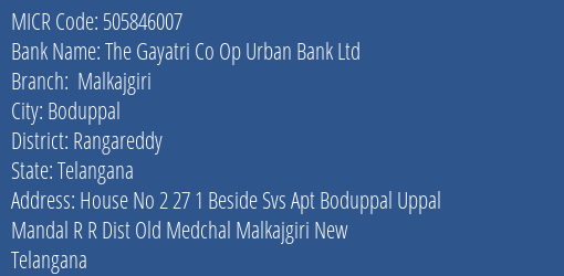 The Gayatri Co Op Urban Bank Ltd Malkajgiri MICR Code