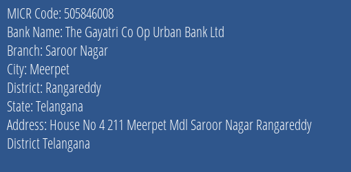 The Gayatri Co Op Urban Bank Ltd Saroor Nagar MICR Code