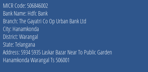 The Gayatri Co Op Urban Bank Ltd Hanamkonda MICR Code
