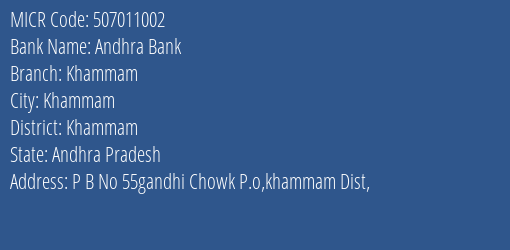 Andhra Bank Khammam MICR Code