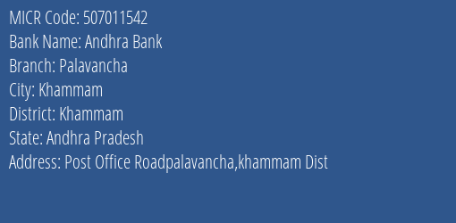 Andhra Bank Palavancha MICR Code