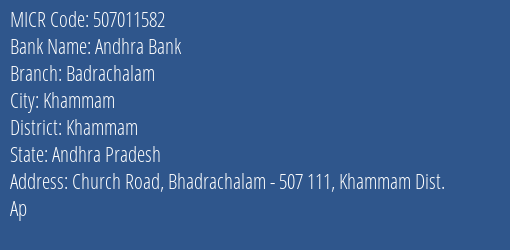 Andhra Bank Badrachalam MICR Code