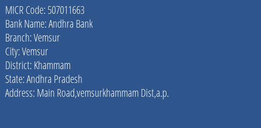 Andhra Bank Vemsur MICR Code