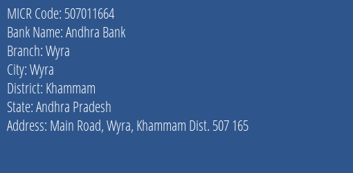 Andhra Bank Wyra MICR Code