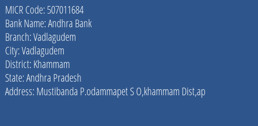 Andhra Bank Vadlagudem MICR Code