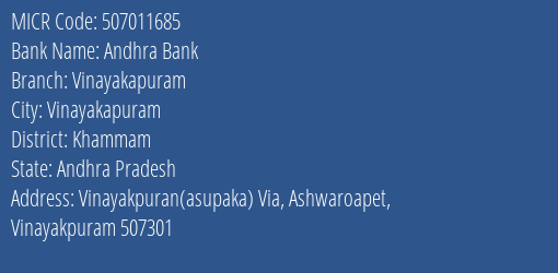 Andhra Bank Vinayakapuram MICR Code