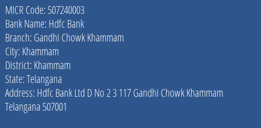 Hdfc Bank Gandhi Chowk Khammam MICR Code