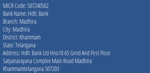 Hdfc Bank Madhira MICR Code