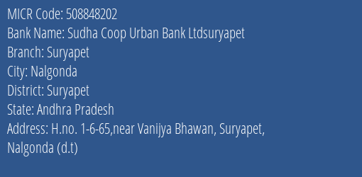 Sudha Coop Urban Bank Ltdsuryapet Suryapet MICR Code