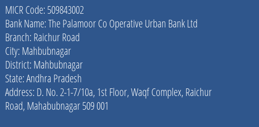 The Palamoor Co Operative Urban Bank Ltd Raichur Road MICR Code