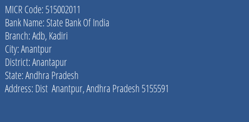 State Bank Of India Adb Kadiri Branch Address Details and MICR Code 515002011