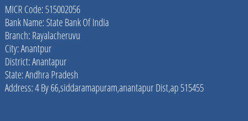 State Bank Of India Rayalacheruvu Branch Address Details and MICR Code 515002056