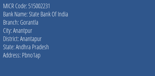 State Bank Of India Gorantla Branch Address Details and MICR Code 515002231