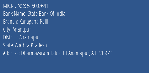 State Bank Of India Kanagana Palli Branch Address Details and MICR Code 515002641