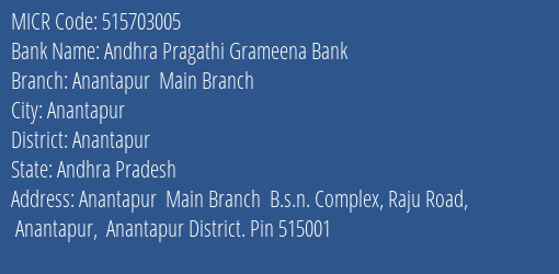 Andhra Pragathi Grameena Bank Anantapur Main Branch MICR Code