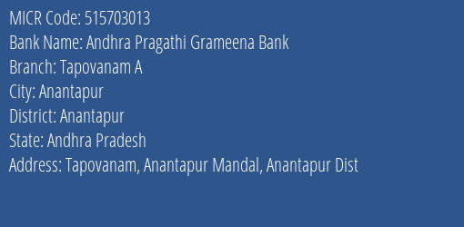 Andhra Pragathi Grameena Bank Tapovanam A MICR Code