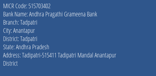 Andhra Pragathi Grameena Bank Tadpatri MICR Code