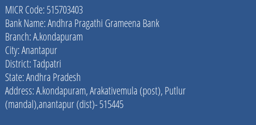 Andhra Pragathi Grameena Bank A.kondapuram MICR Code