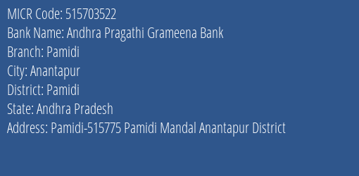 Andhra Pragathi Grameena Bank Pamidi MICR Code