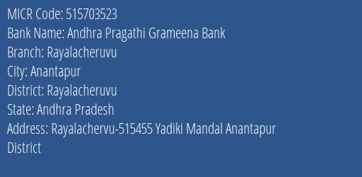 Andhra Pragathi Grameena Bank Rayalacheruvu MICR Code