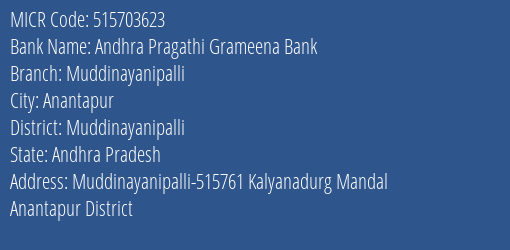 Andhra Pragathi Grameena Bank Muddinayanipalli MICR Code
