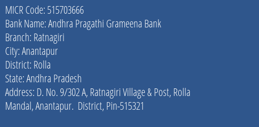 Andhra Pragathi Grameena Bank Ratnagiri MICR Code