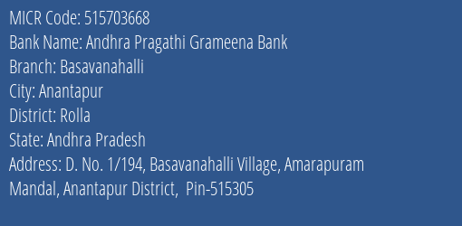 Andhra Pragathi Grameena Bank Basavanahalli MICR Code