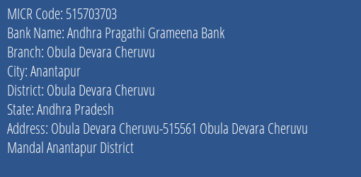 Andhra Pragathi Grameena Bank Obula Devara Cheruvu MICR Code