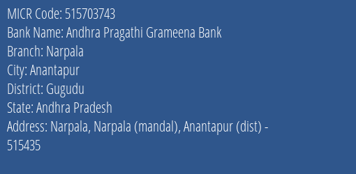 Andhra Pragathi Grameena Bank Narpala MICR Code