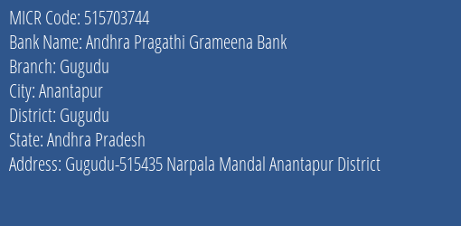 Andhra Pragathi Grameena Bank Gugudu MICR Code