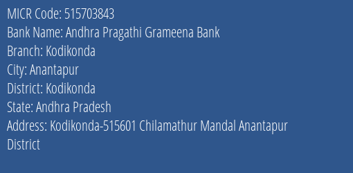 Andhra Pragathi Grameena Bank Kodikonda MICR Code