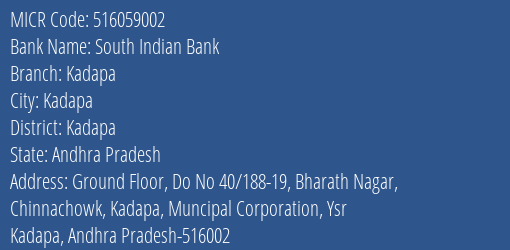 South Indian Bank Kadapa MICR Code