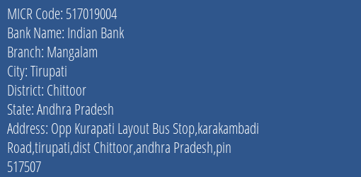 Indian Bank Tirupathi Branch Address Details and MICR Code 517019004