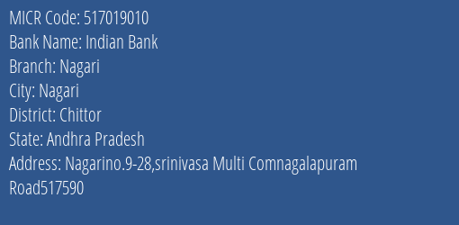 Indian Bank Nagari Branch Address Details and MICR Code 517019010